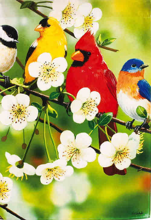 SONGBIRDS ON A FLOWERING BRANCH