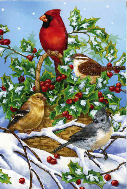 BASKET OF HOLLY WITH BIRDS